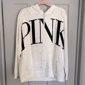PINK White Quarter Zip Hoodie with Rhinestones